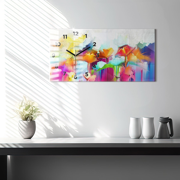 Horizontální skleněné hodiny na stěnu Abstraktní květiny