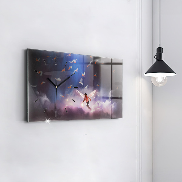 Horizontální skleněné hodiny na stěnu Chlapec s křídly