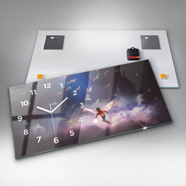 Horizontální skleněné hodiny na stěnu Chlapec s křídly