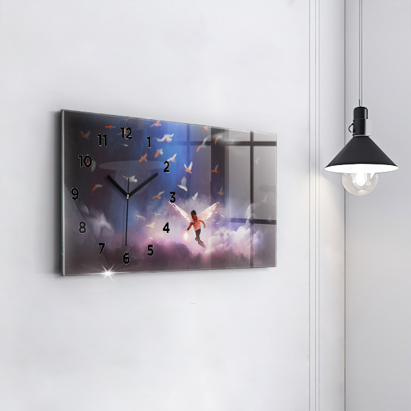 Horizontální skleněné hodiny na stěnu Chlapec s křídly