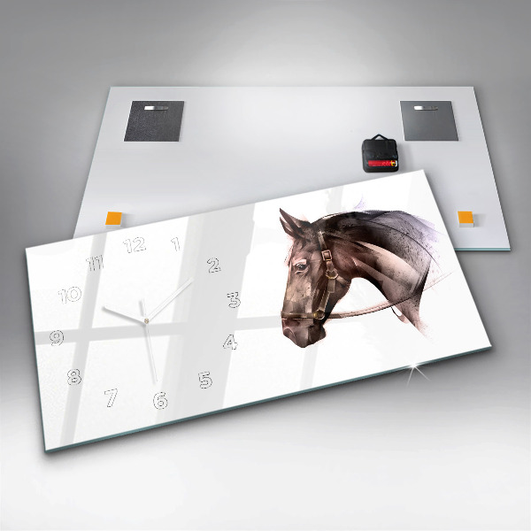 Horizontální skleněné hodiny na stěnu Malovaný profil koně