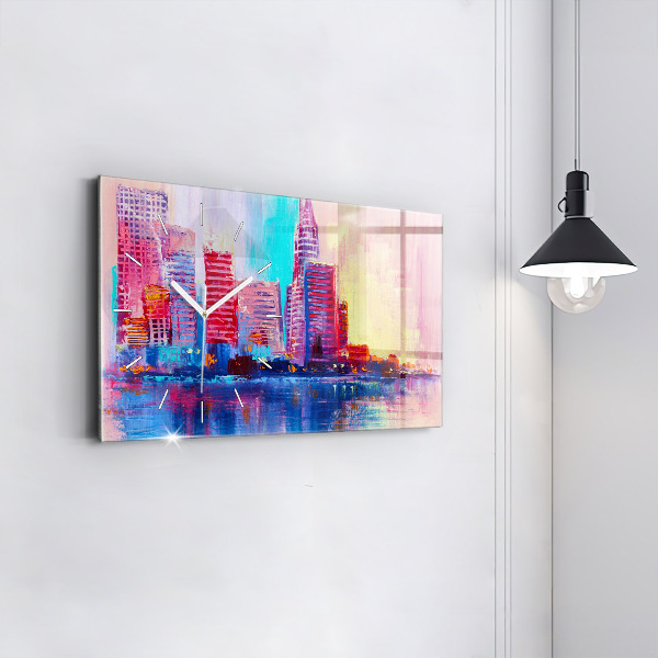 Horizontální skleněné hodiny na stěnu Abstraktní mrakodrapy