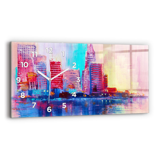 Horizontální skleněné hodiny na stěnu Abstraktní mrakodrapy