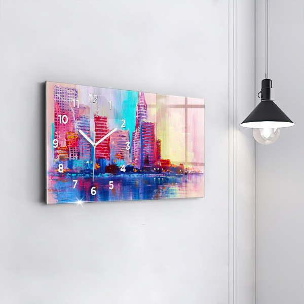 Horizontální skleněné hodiny na stěnu Abstraktní mrakodrapy