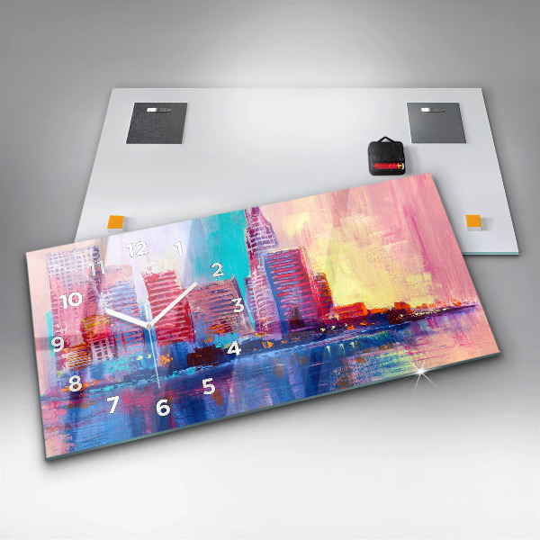 Horizontální skleněné hodiny na stěnu Abstraktní mrakodrapy
