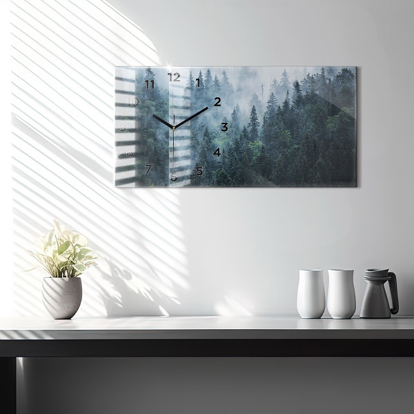 Horizontální skleněné hodiny na stěnu Mlhavá horská krajina