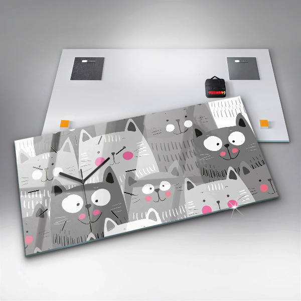 Horizontální skleněné hodiny na stěnu Vzor s kočkami