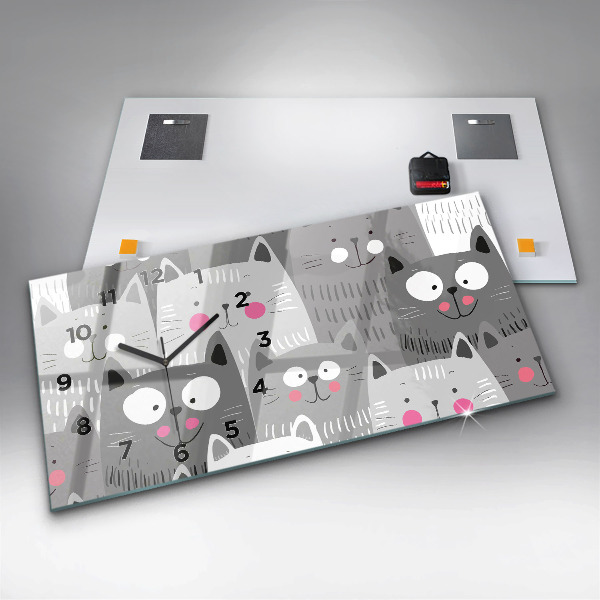 Horizontální skleněné hodiny na stěnu Vzor s kočkami
