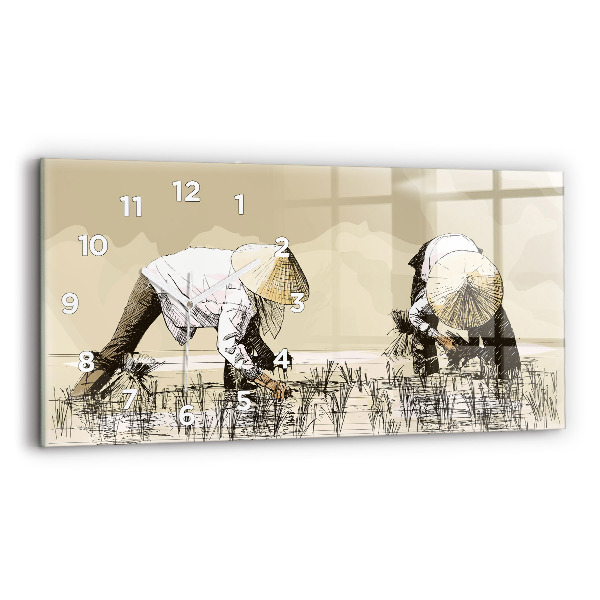 Horizontální hodiny na skle Žena sbírající rýži