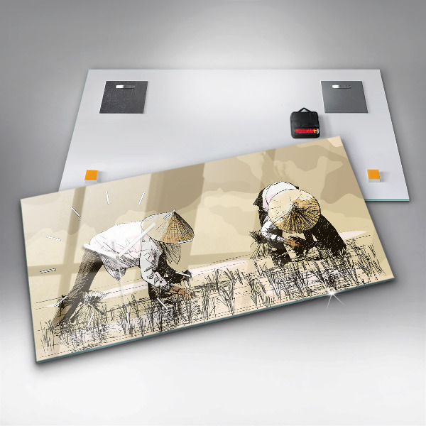 Horizontální hodiny na skle Žena sbírající rýži