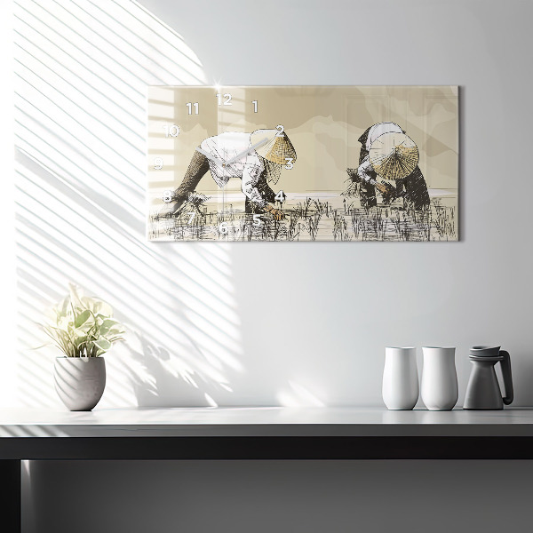 Horizontální hodiny na skle Žena sbírající rýži