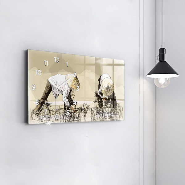 Horizontální hodiny na skle Žena sbírající rýži