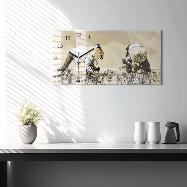 Horizontální hodiny na skle Žena sbírající rýži