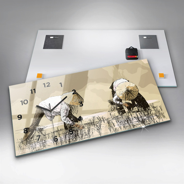 Horizontální hodiny na skle Žena sbírající rýži