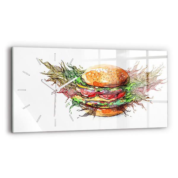 Horizontální hodiny na skle XXL sýrový hamburger
