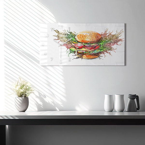 Horizontální hodiny na skle XXL sýrový hamburger