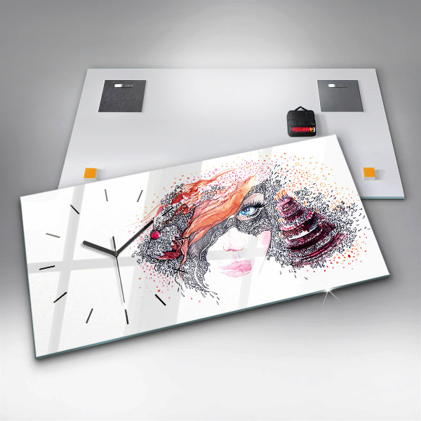 Horizontální hodiny na skle Sladká žena s dortem