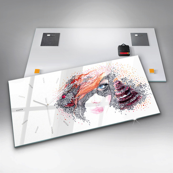 Horizontální hodiny na skle Sladká žena s dortem