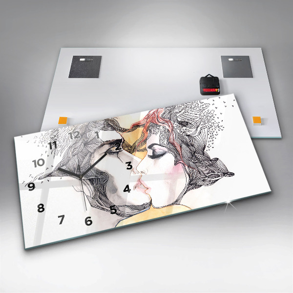 Horizontální hodiny na skle Kresba milostného polibku