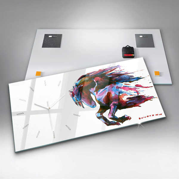 Horizontální hodiny na skle Kůň v běhu