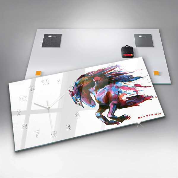 Horizontální hodiny na skle Kůň v běhu