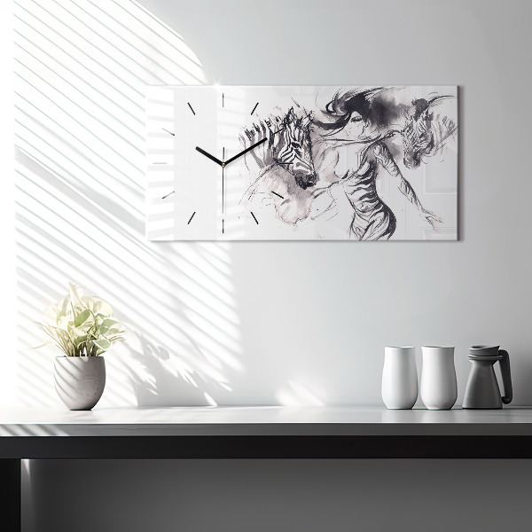 Horizontální hodiny na skle Žena a zebry