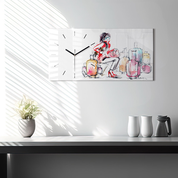 Horizontální hodiny na skle Žena cestuje s kufrem