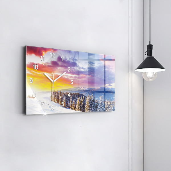 Horizontální hodiny na skle Zimní horská krajina