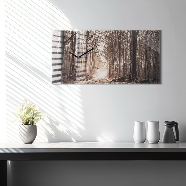 Horizontální hodiny na skle Lesní cesta v sépiové barvě