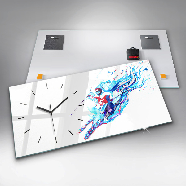 Horizontální hodiny na skle Lyžař