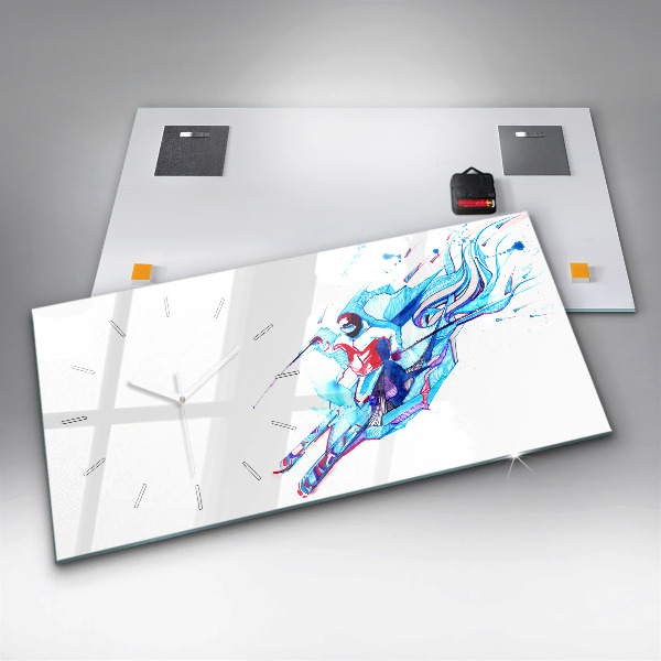 Horizontální hodiny na skle Lyžař