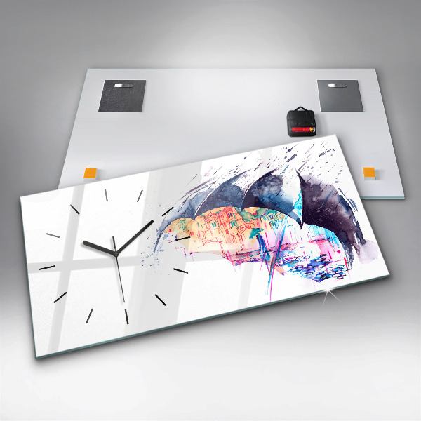 Horizontální hodiny na skle Deštník a město