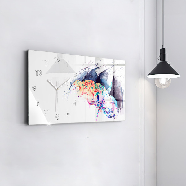 Horizontální hodiny na skle Deštník a město