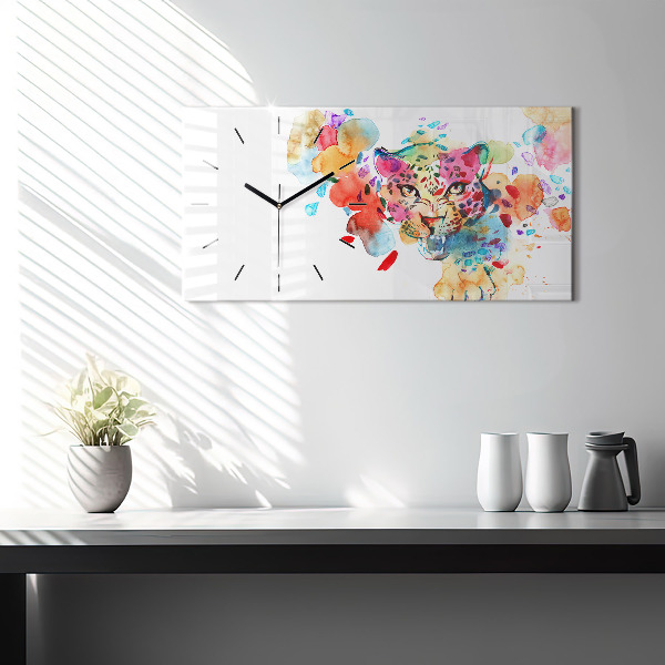 Horizontální hodiny na skle Divoká kočka abstraktní