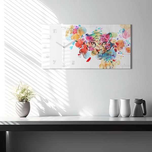 Horizontální hodiny na skle Divoká kočka abstraktní