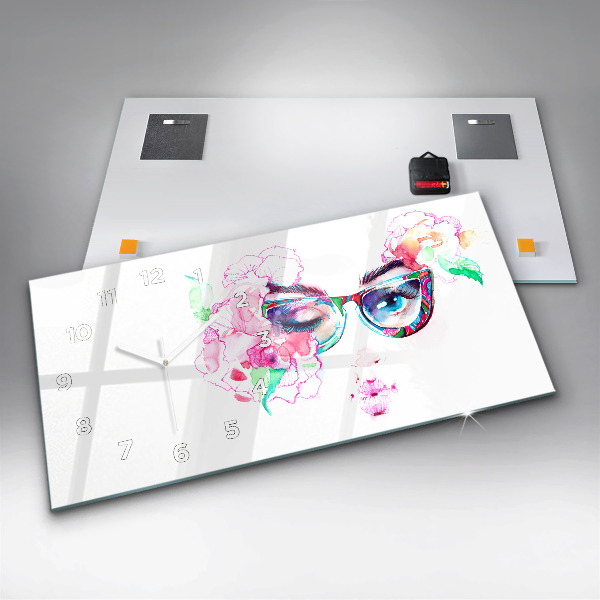 Horizontální hodiny na skle Tváře ženy s brýlemi