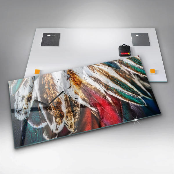 Horizontální hodiny na skle Světle hnědé ptačí peří