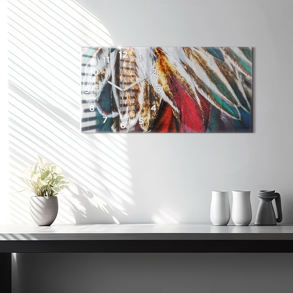 Horizontální hodiny na skle Světle hnědé ptačí peří