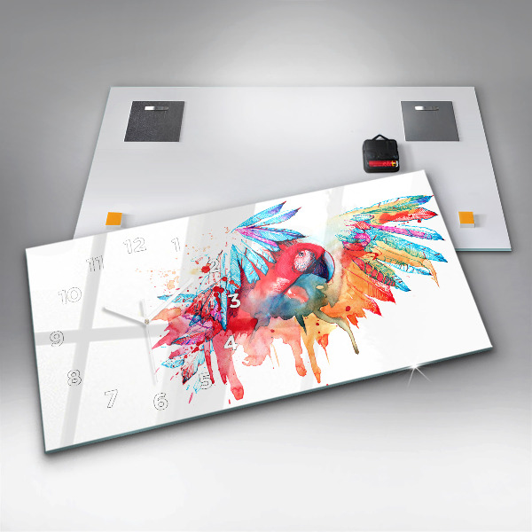 Horizontální hodiny na skle Barevný červený papoušek
