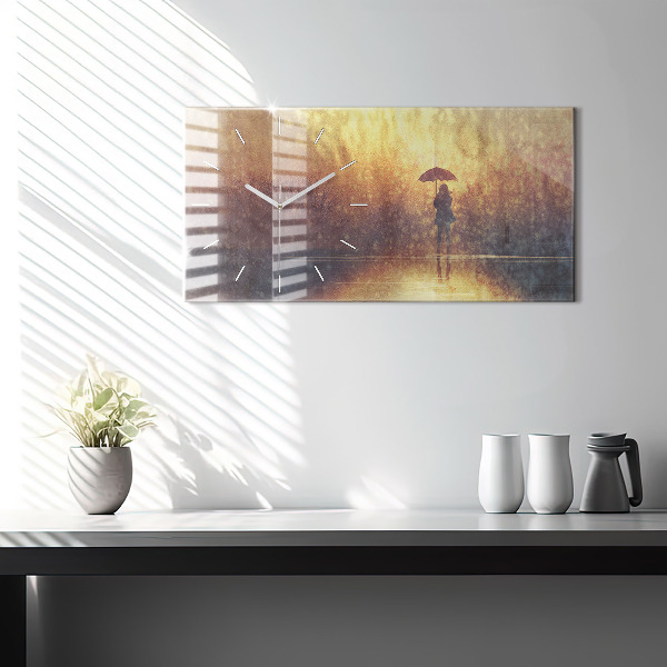 Horizontální hodiny na skle žena s deštníkem