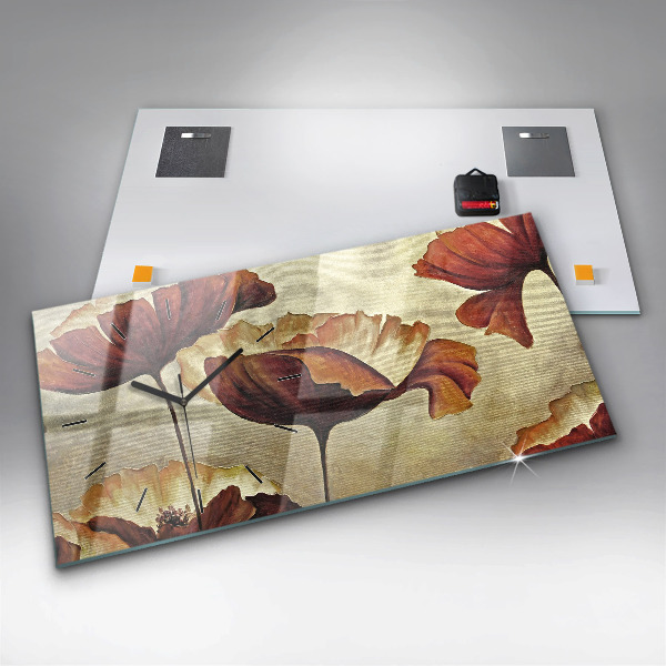 Horizontální hodiny na skle Malované máky