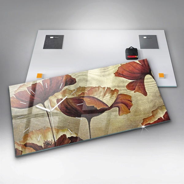 Horizontální hodiny na skle Malované máky