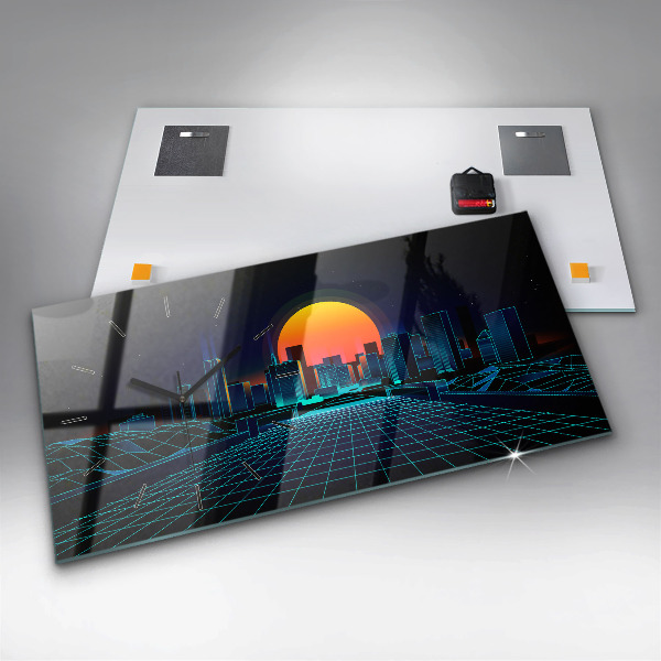 Horizontální skleněné hodiny na stěnu Město v kyberprostoru