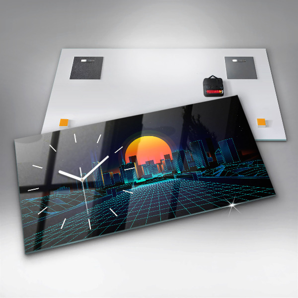 Horizontální skleněné hodiny na stěnu Město v kyberprostoru