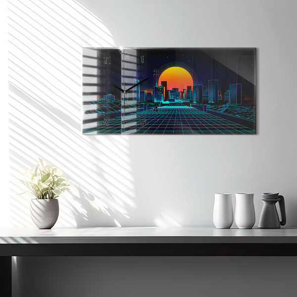 Horizontální skleněné hodiny na stěnu Město v kyberprostoru