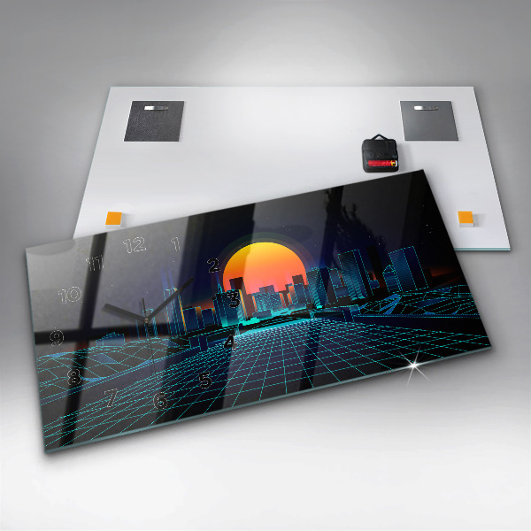 Horizontální skleněné hodiny na stěnu Město v kyberprostoru