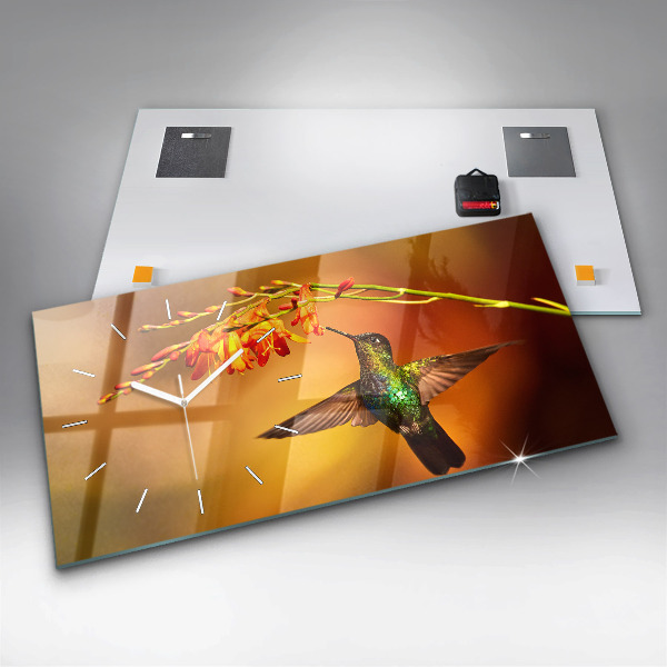 Horizontální skleněné hodiny na stěnu Kolibřík Pták