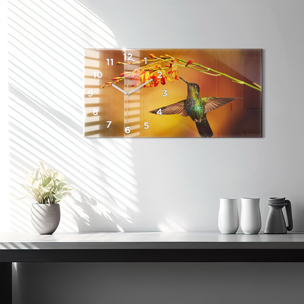 Horizontální skleněné hodiny na stěnu Kolibřík Pták
