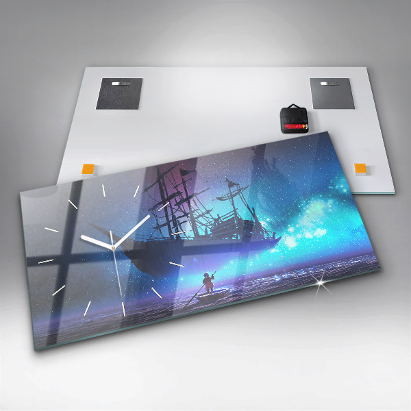 Horizontální skleněné hodiny na stěnu Fantasy plachetnice