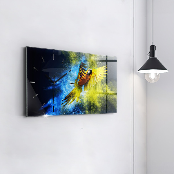 Horizontální skleněné hodiny na stěnu Barevný papoušek